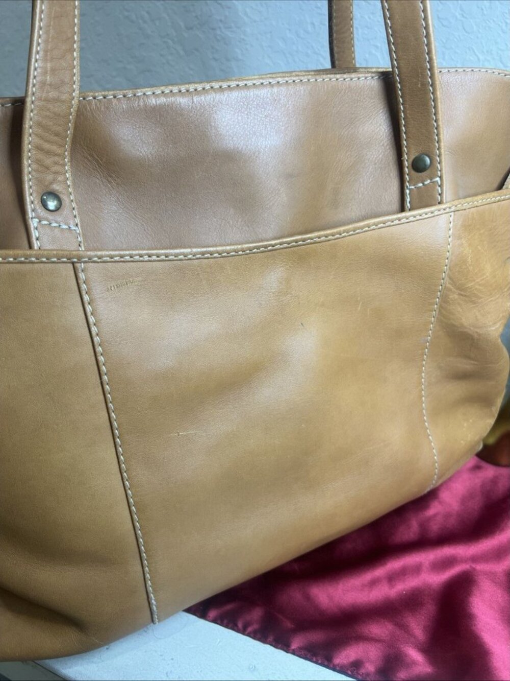 Ellington Cognac Brown Leather Shoulder Bag Whipstitch Trim Work Bag Travel - Picture 8 of 16